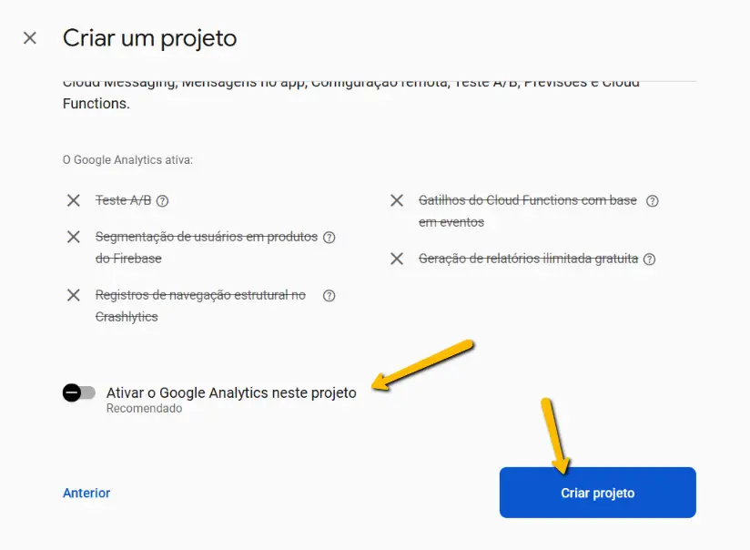 Firebase-botão criar projeto