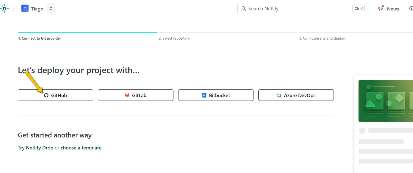 Netlify - selecione Github Netlify - selecione Github