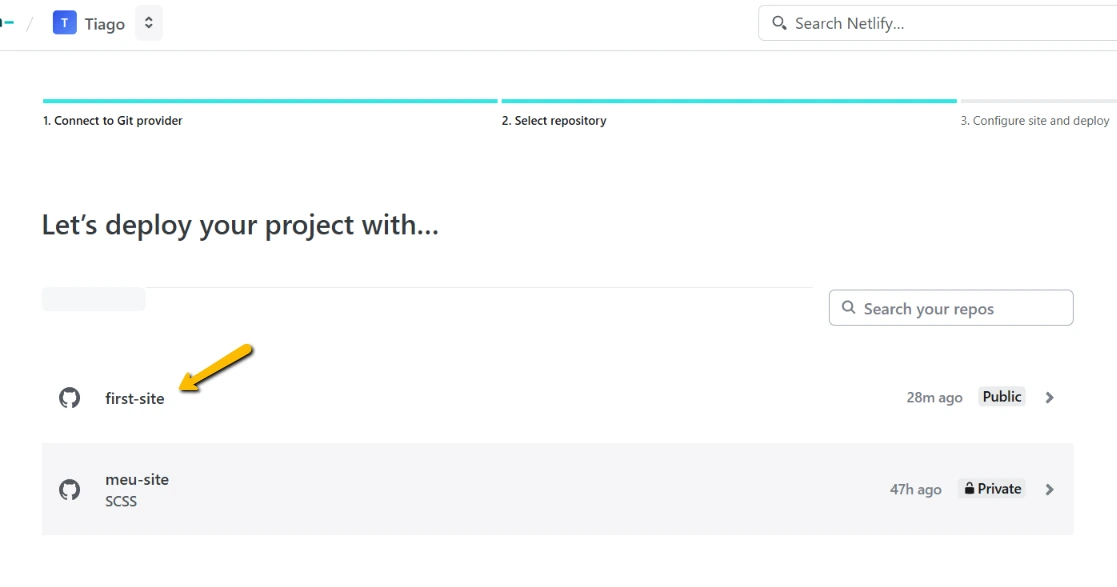 Netlify - selecionando repositório Github Netlify - selecionando repositório Github