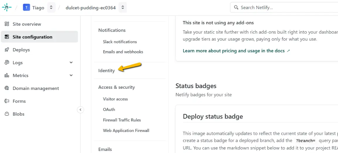 Netlify - iniciando configuração do identity
