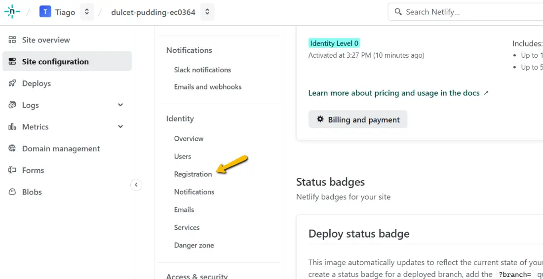 Netlify - opção registration