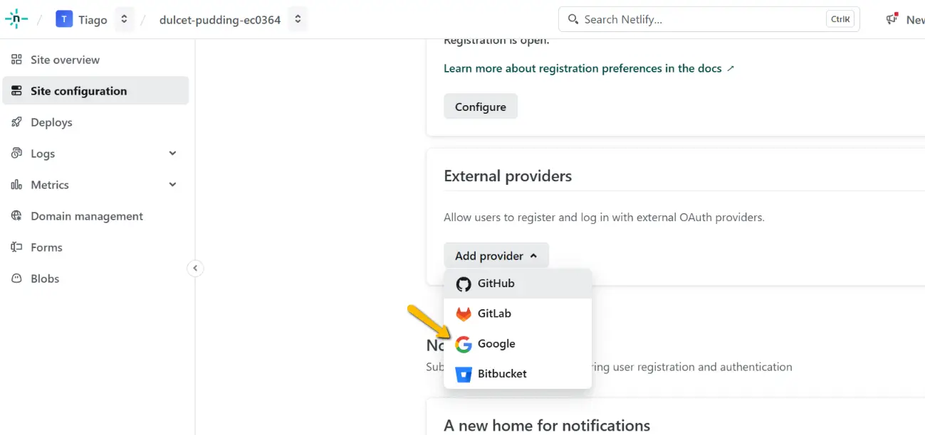 Netlify - seleção external providers