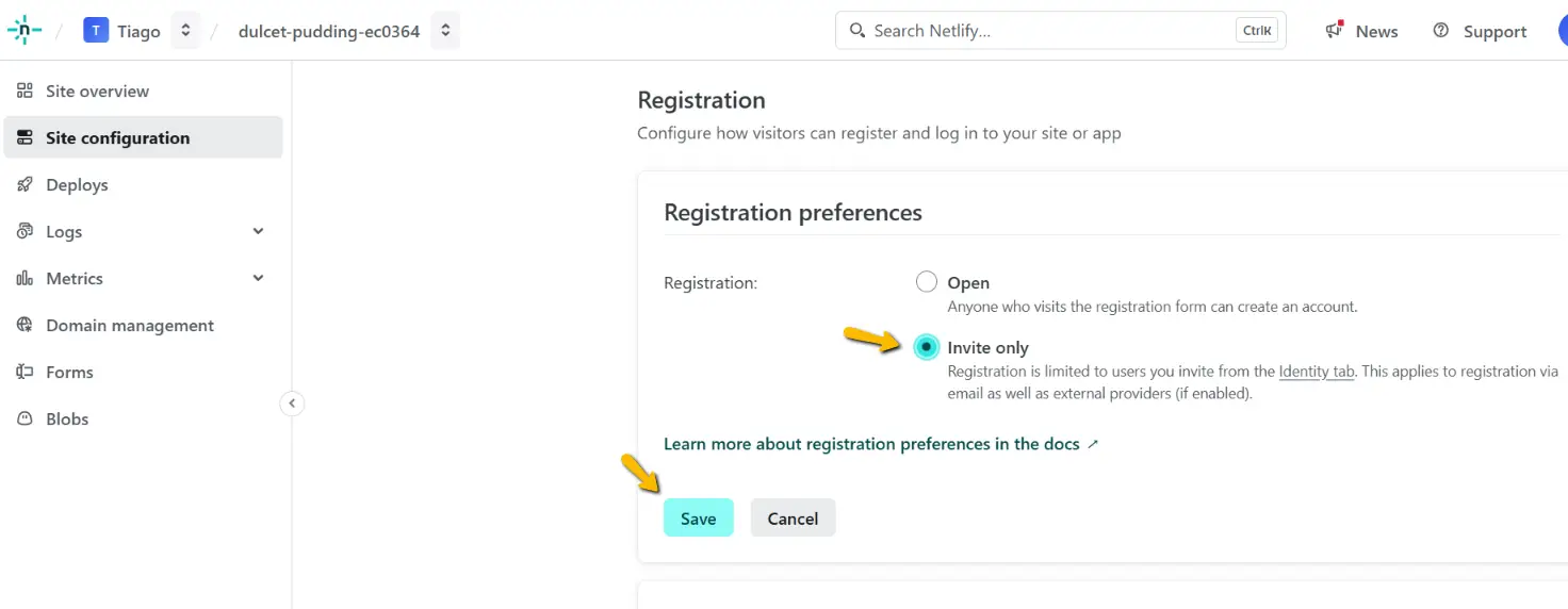 Netlify - definindo apenas convidados