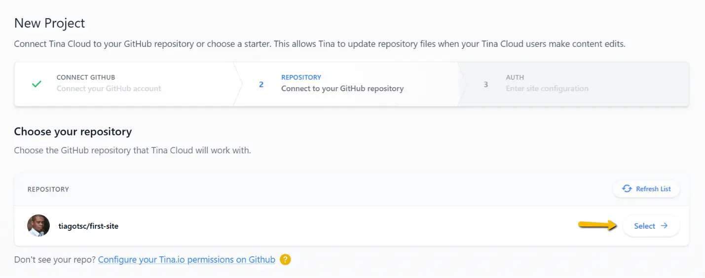 TinaCloud - select repository github